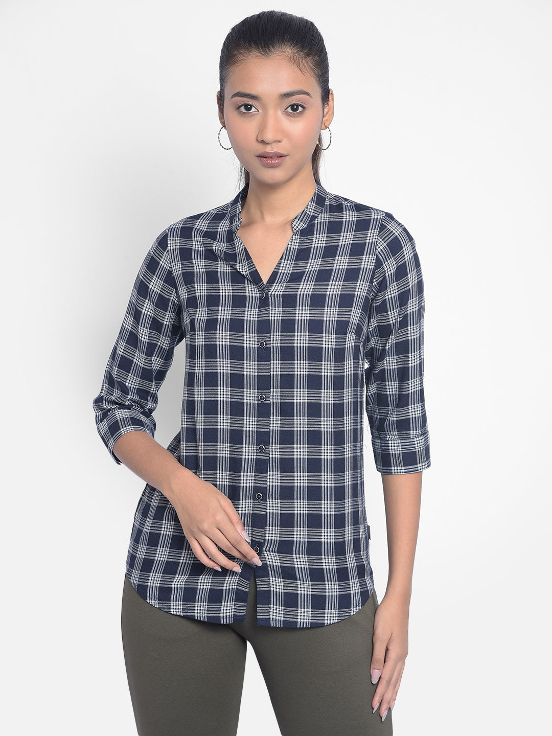 Navy Blue Checked Shirts-Women Shirts-Crimsoune Club