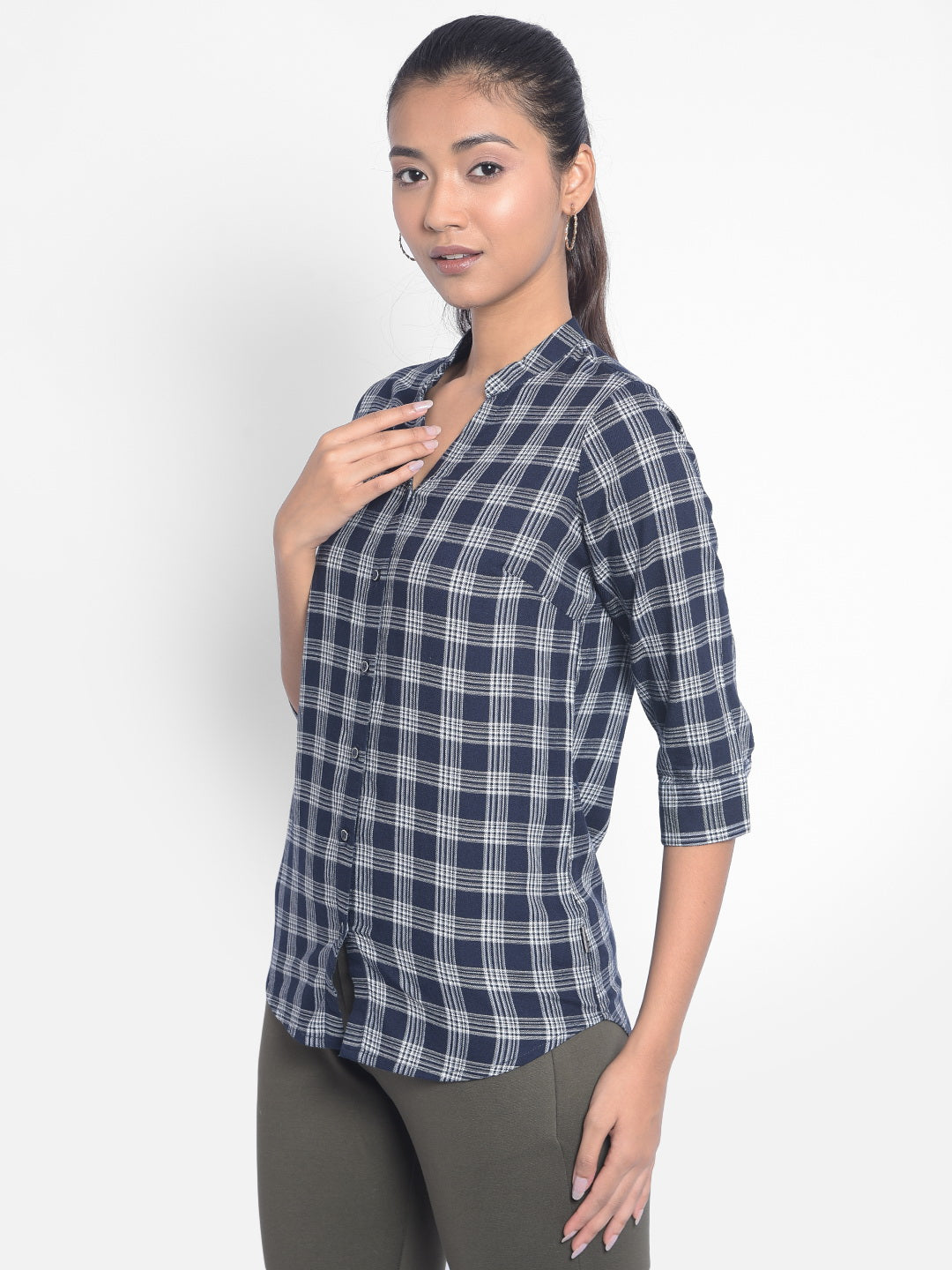 Navy Blue Checked Shirts-Women Shirts-Crimsoune Club