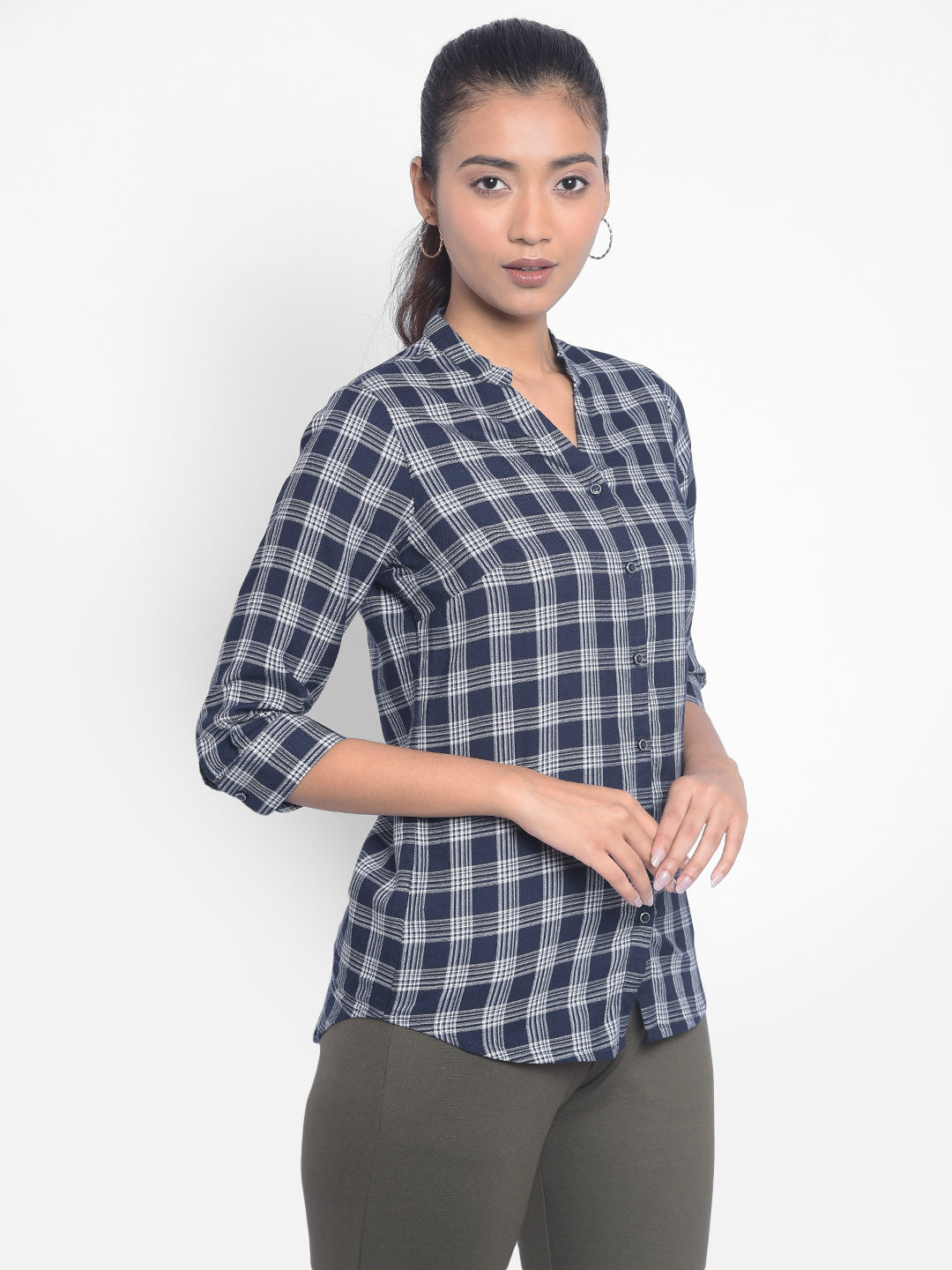 Navy Blue Checked Shirts-Women Shirts-Crimsoune Club