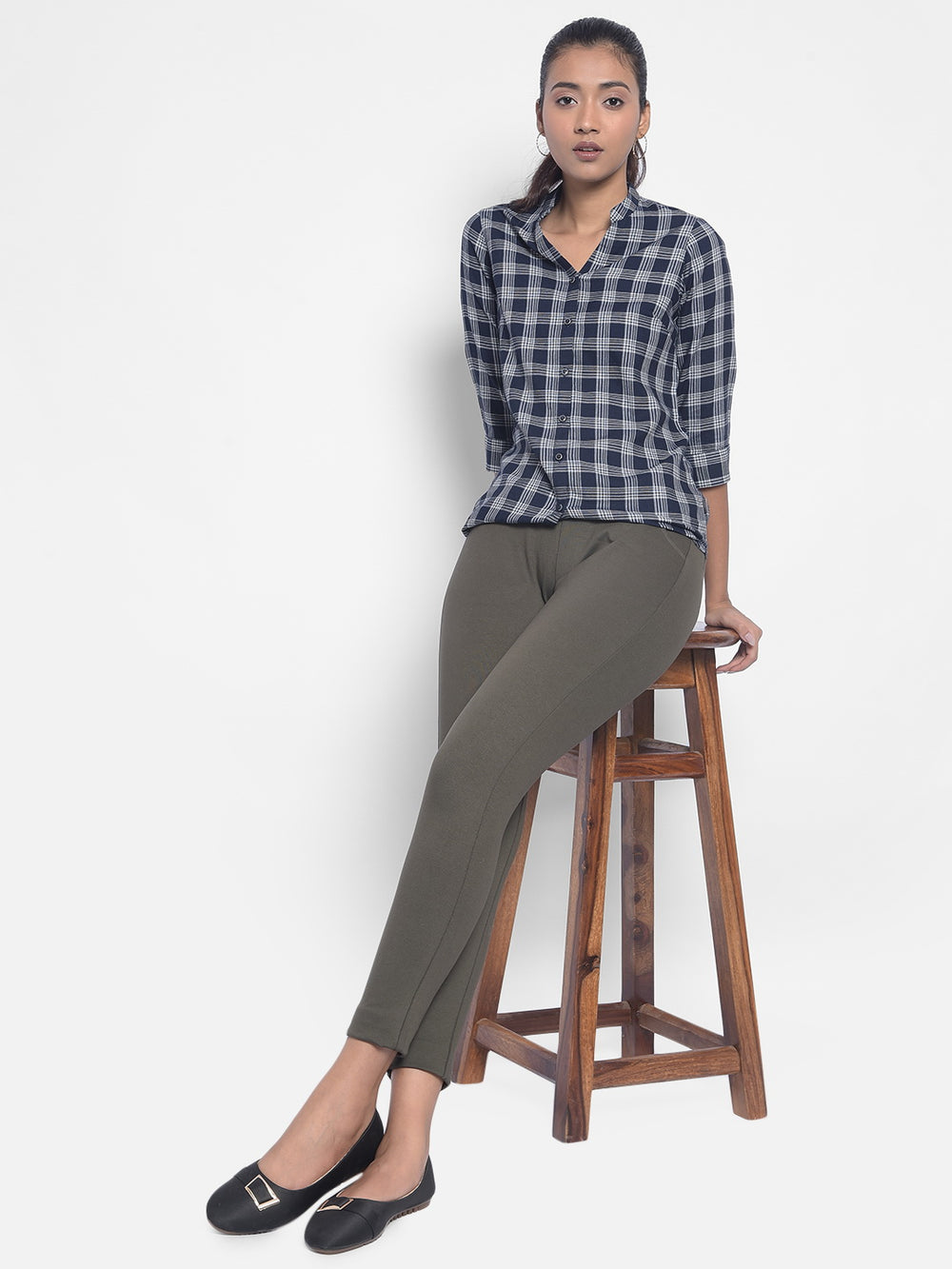 Navy Blue Checked Shirts-Women Shirts-Crimsoune Club