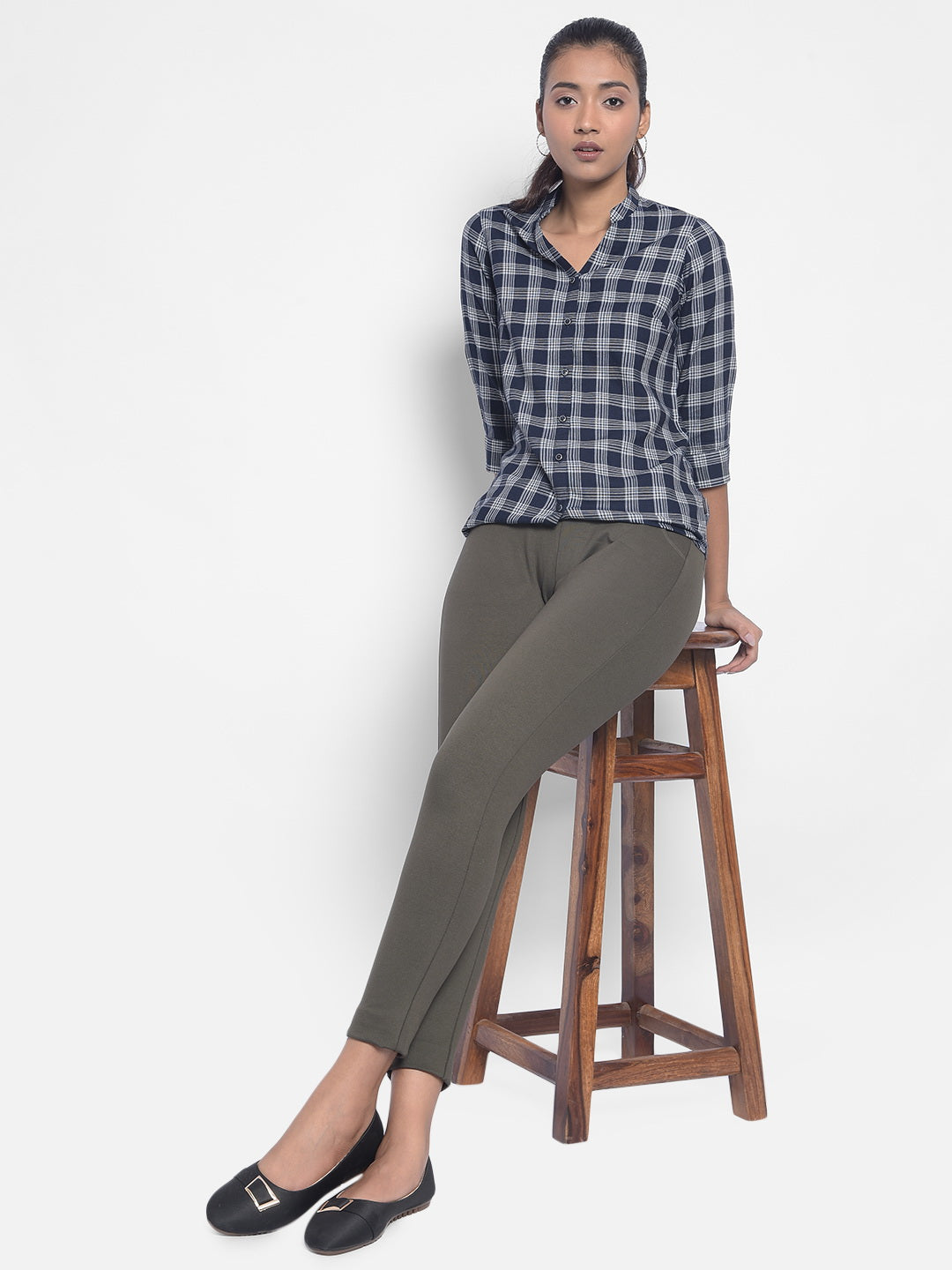 Navy Blue Checked Shirts-Women Shirts-Crimsoune Club