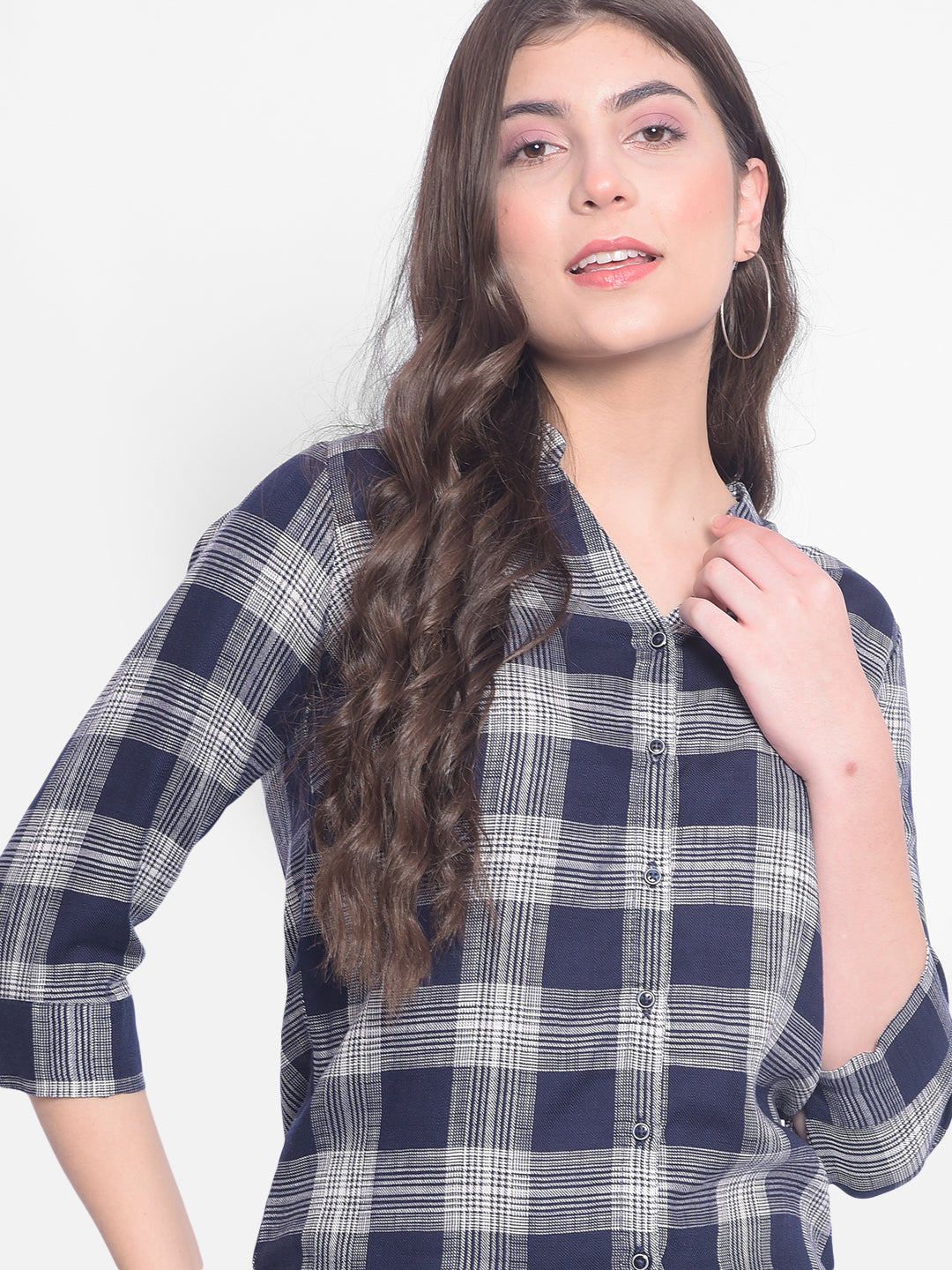 Navy Blue Checked Shirt-Women Shirts-Crimsoune Club