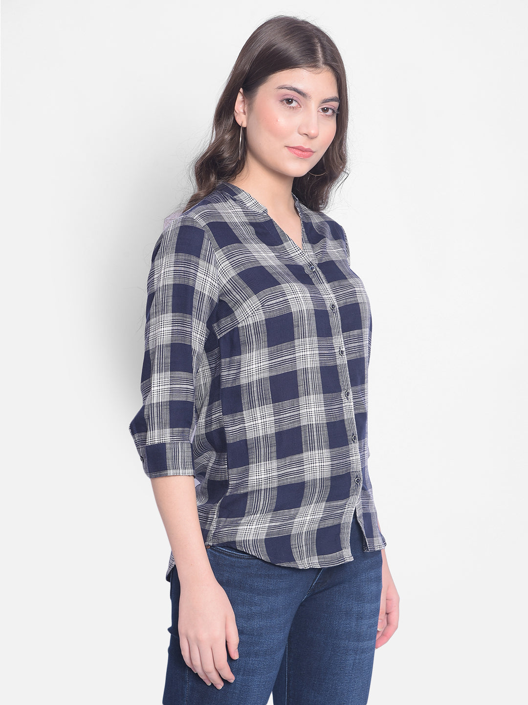 Navy Blue Checked Shirt-Women Shirts-Crimsoune Club