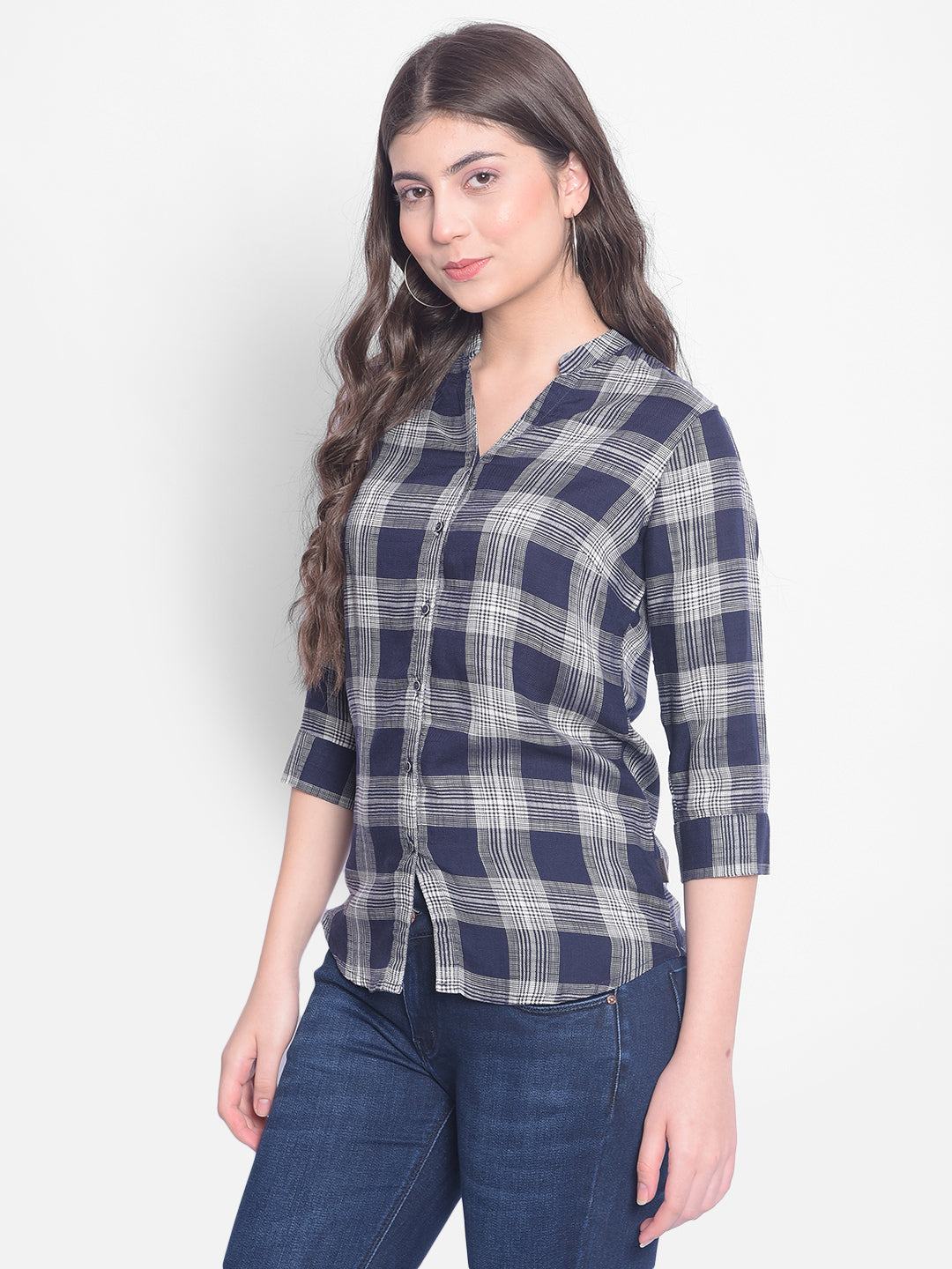 Navy Blue Checked Shirt-Women Shirts-Crimsoune Club