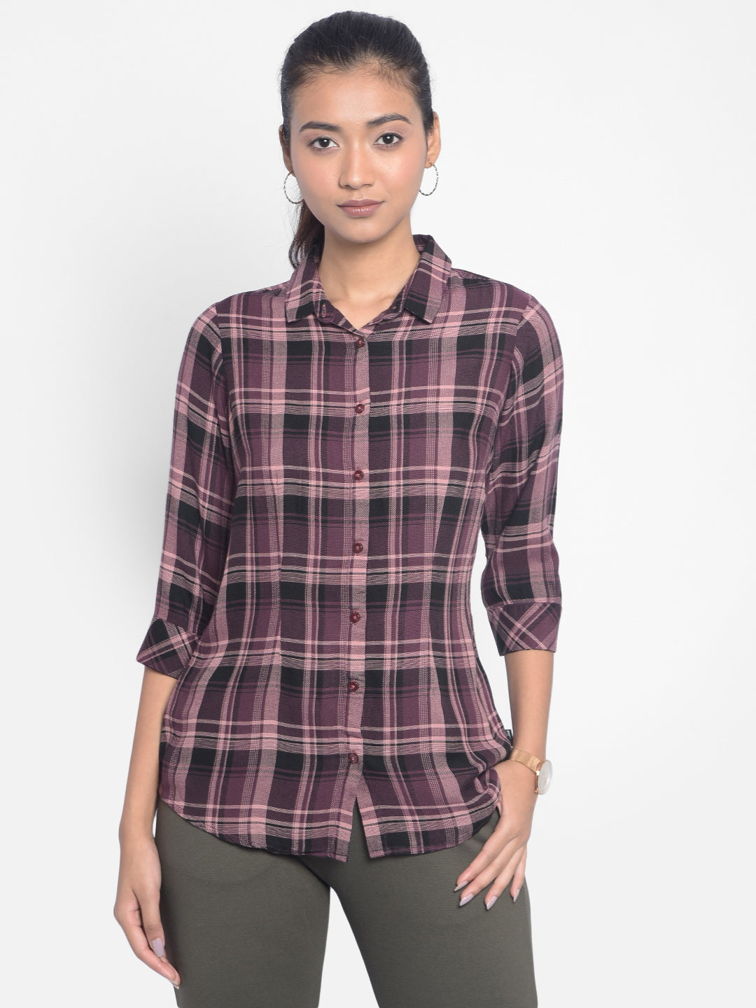 Brown Checked Shirts-Women Shirts-Crimsoune Club