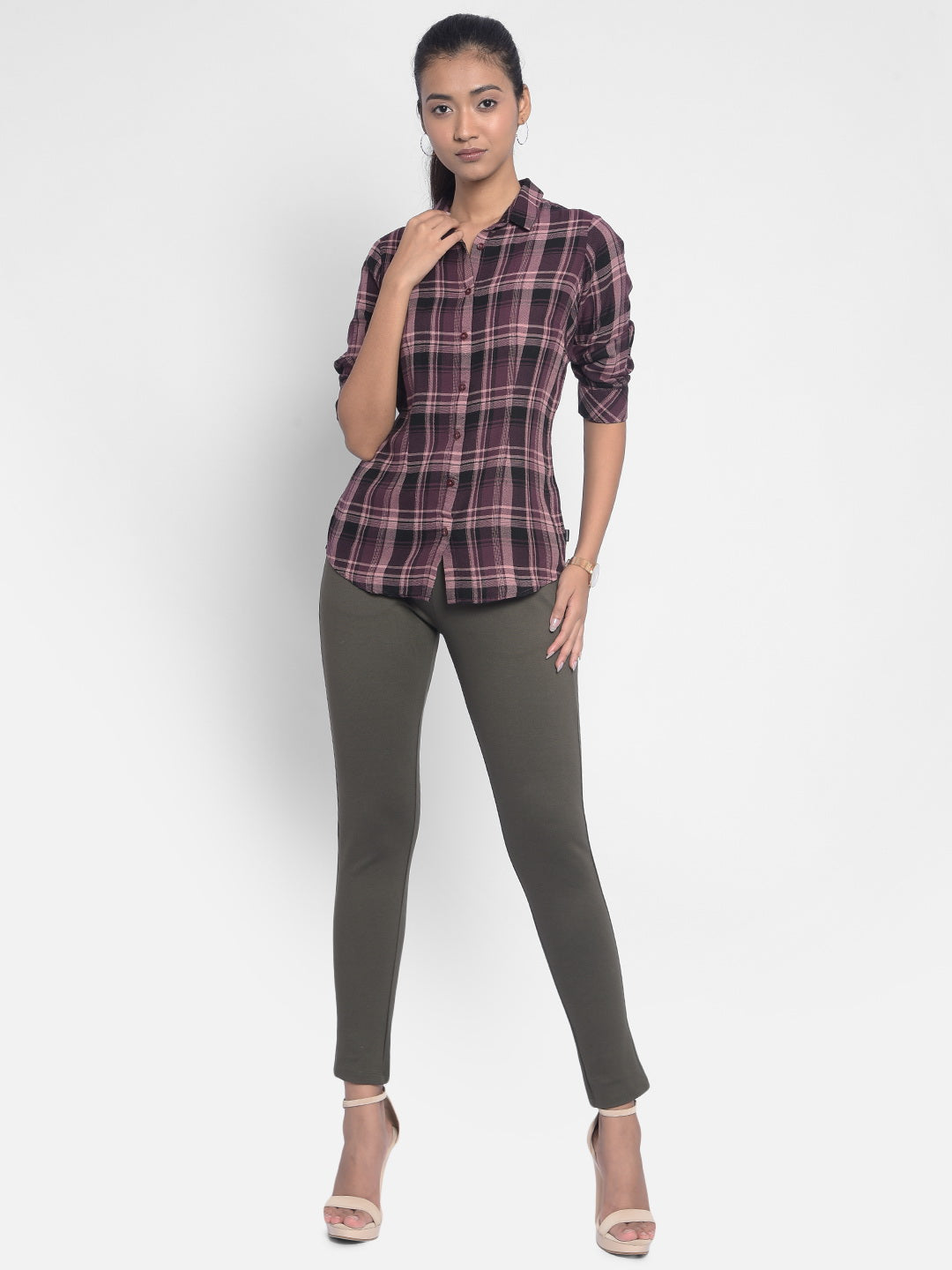 Brown Checked Shirts-Women Shirts-Crimsoune Club