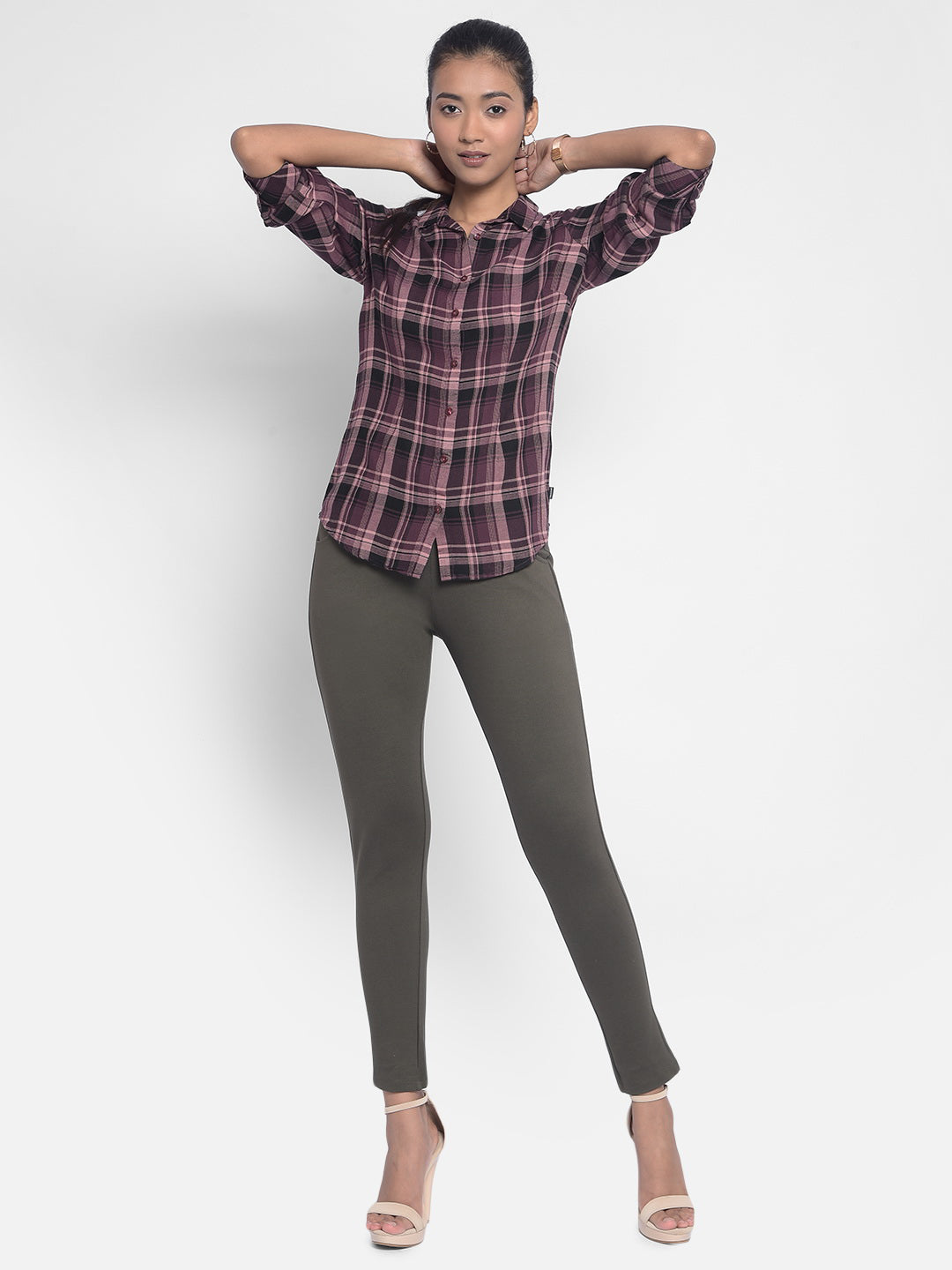 Brown Checked Shirts-Women Shirts-Crimsoune Club