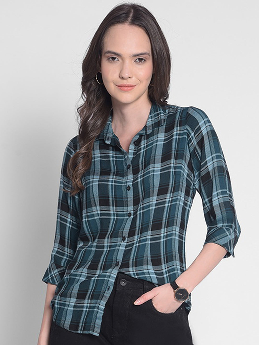 Green Checked Shirt-Women Shirts-Crimsoune Club