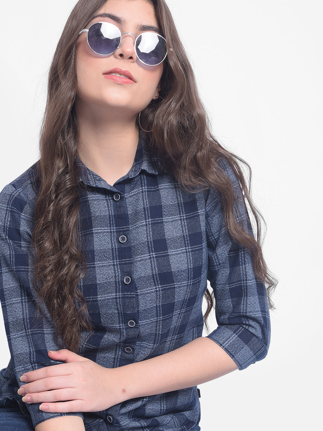 Navy Blue Checked Shirt-Women Shirts-Crimsoune Club