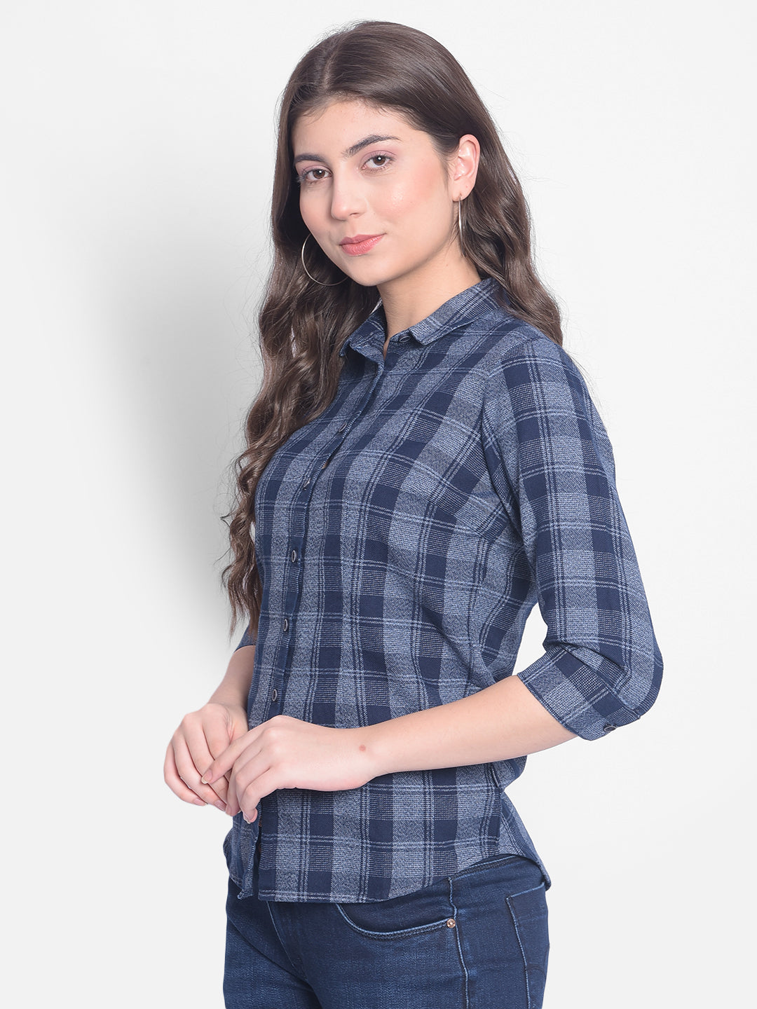 Navy Blue Checked Shirt-Women Shirts-Crimsoune Club