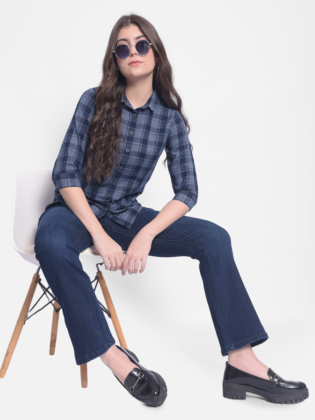 Navy Blue Checked Shirt-Women Shirts-Crimsoune Club