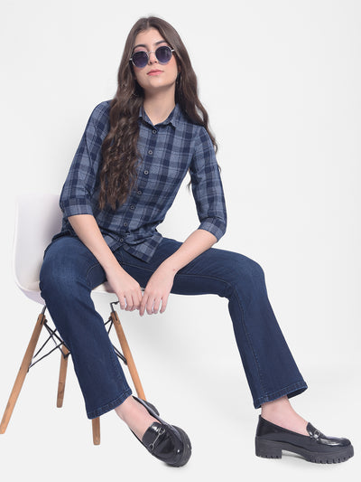 Navy Blue Checked Shirt-Women Shirts-Crimsoune Club