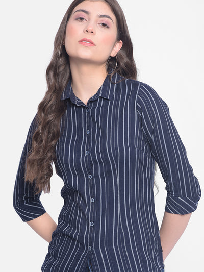 Navy Blue Striped Shirt-Women Shirts-Crimsoune Club