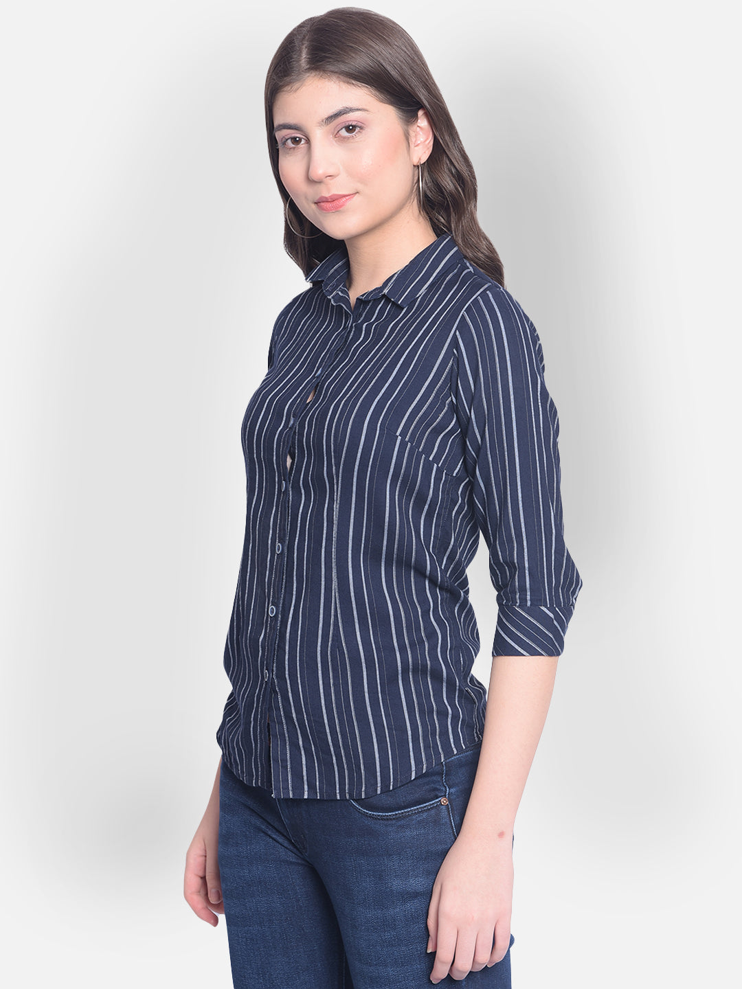 Navy Blue Striped Shirt-Women Shirts-Crimsoune Club