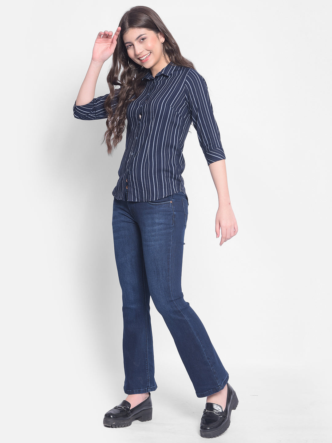 Navy Blue Striped Shirt-Women Shirts-Crimsoune Club