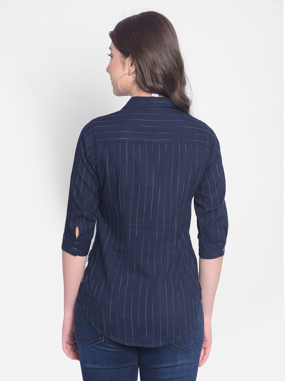 Navy Blue Striped Shirt-Women Shirts-Crimsoune Club