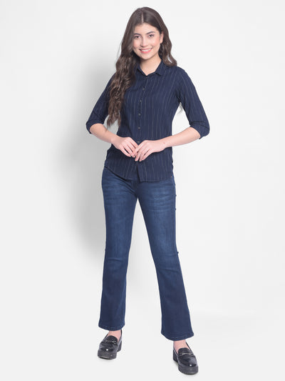 Navy Blue Striped Shirt-Women Shirts-Crimsoune Club