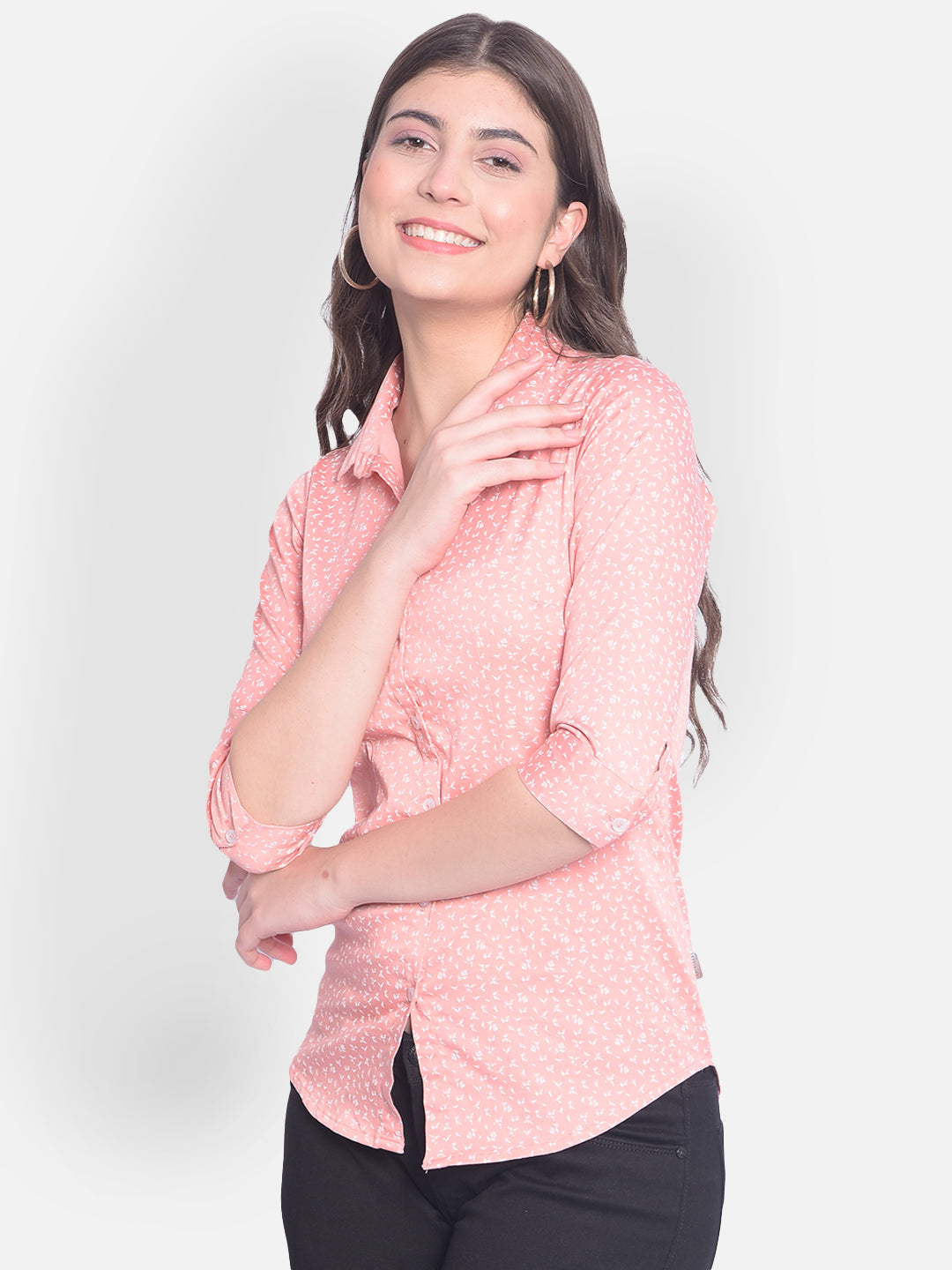 Peach Printed Shirt-Women Shirts-Crimsoune Club