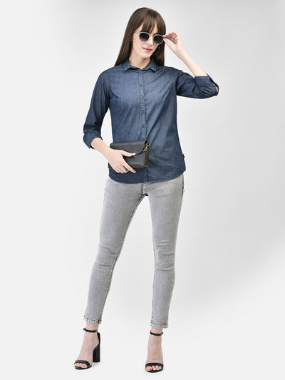 Blue Denim Shirt-Women Shirts-Crimsoune Club