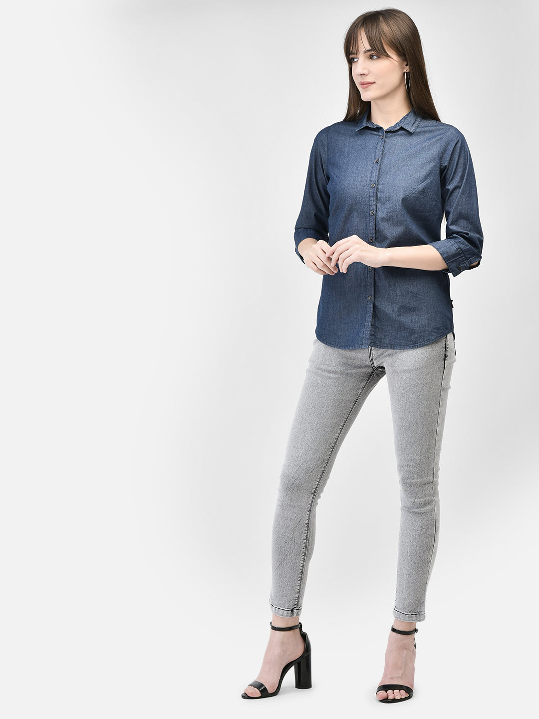 Blue Denim Shirt-Women Shirts-Crimsoune Club