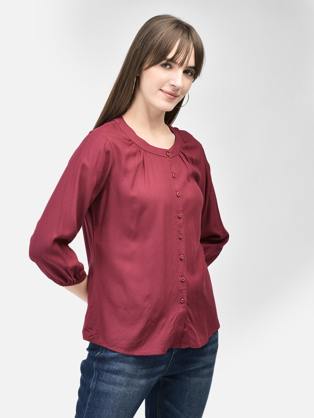 Maroon Collarless Shirt-Women Shirts-Crimsoune Club