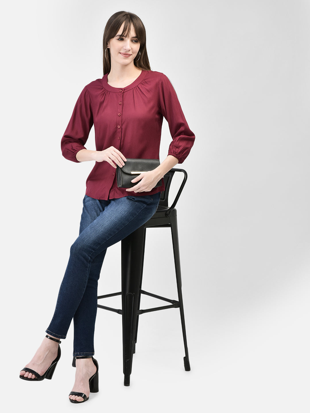 Maroon Collarless Shirt-Women Shirts-Crimsoune Club