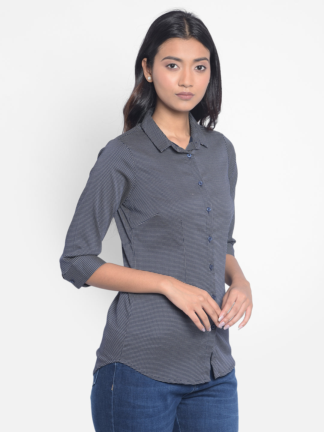 Navy Blue Printed Shirts-Women Shirts-Crimsoune Club