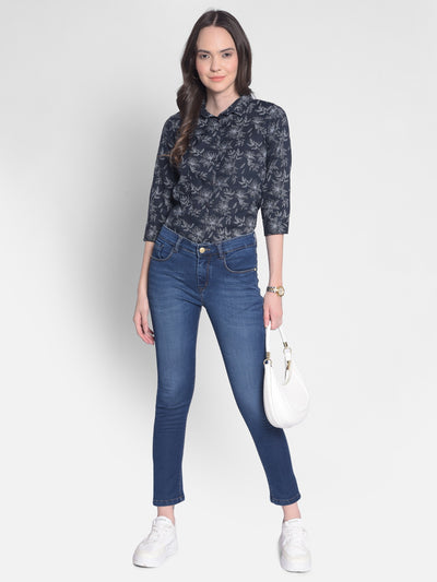 Navy Blue Floral Shirt-Women Shirts-Crimsoune Club