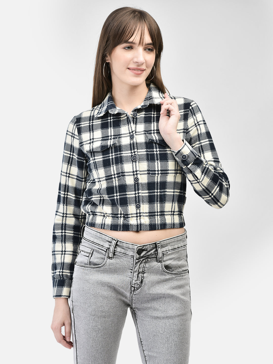 Navy Blue Crop Length Shirt-Women Shirts-Crimsoune Club