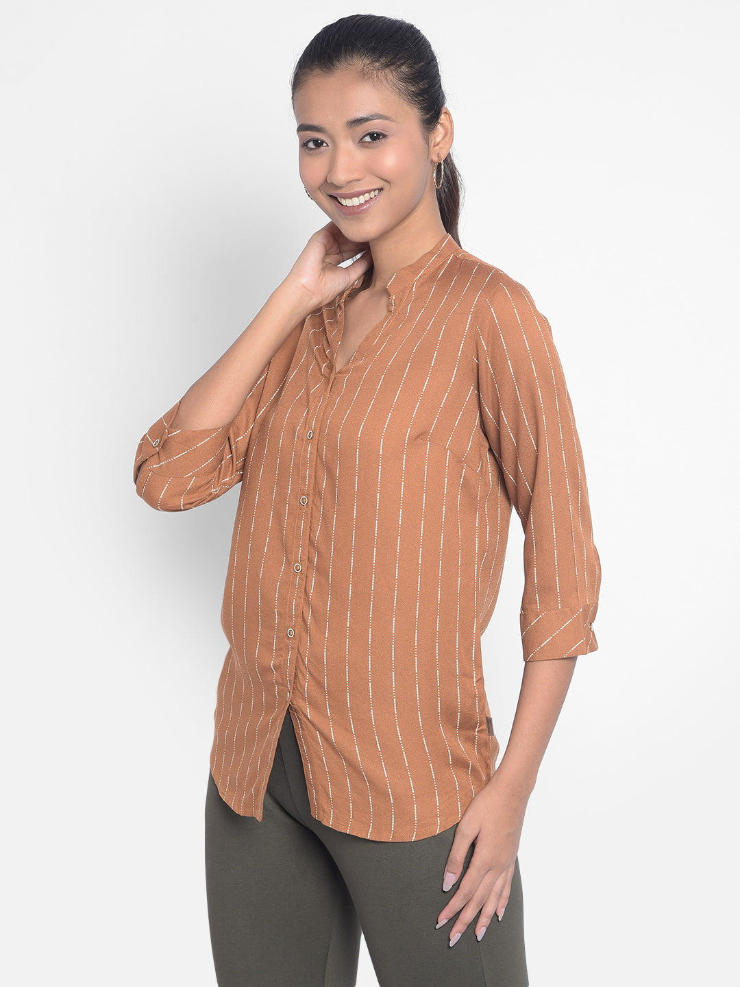 Brown Striped Shirts-Women Shirts-Crimsoune Club