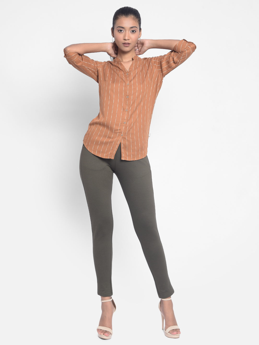 Brown Striped Shirts-Women Shirts-Crimsoune Club