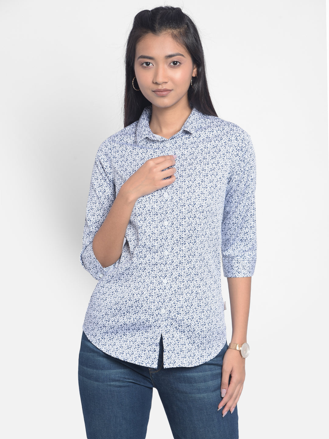 Blue Floral Shirts-Women Shirts-Crimsoune Club