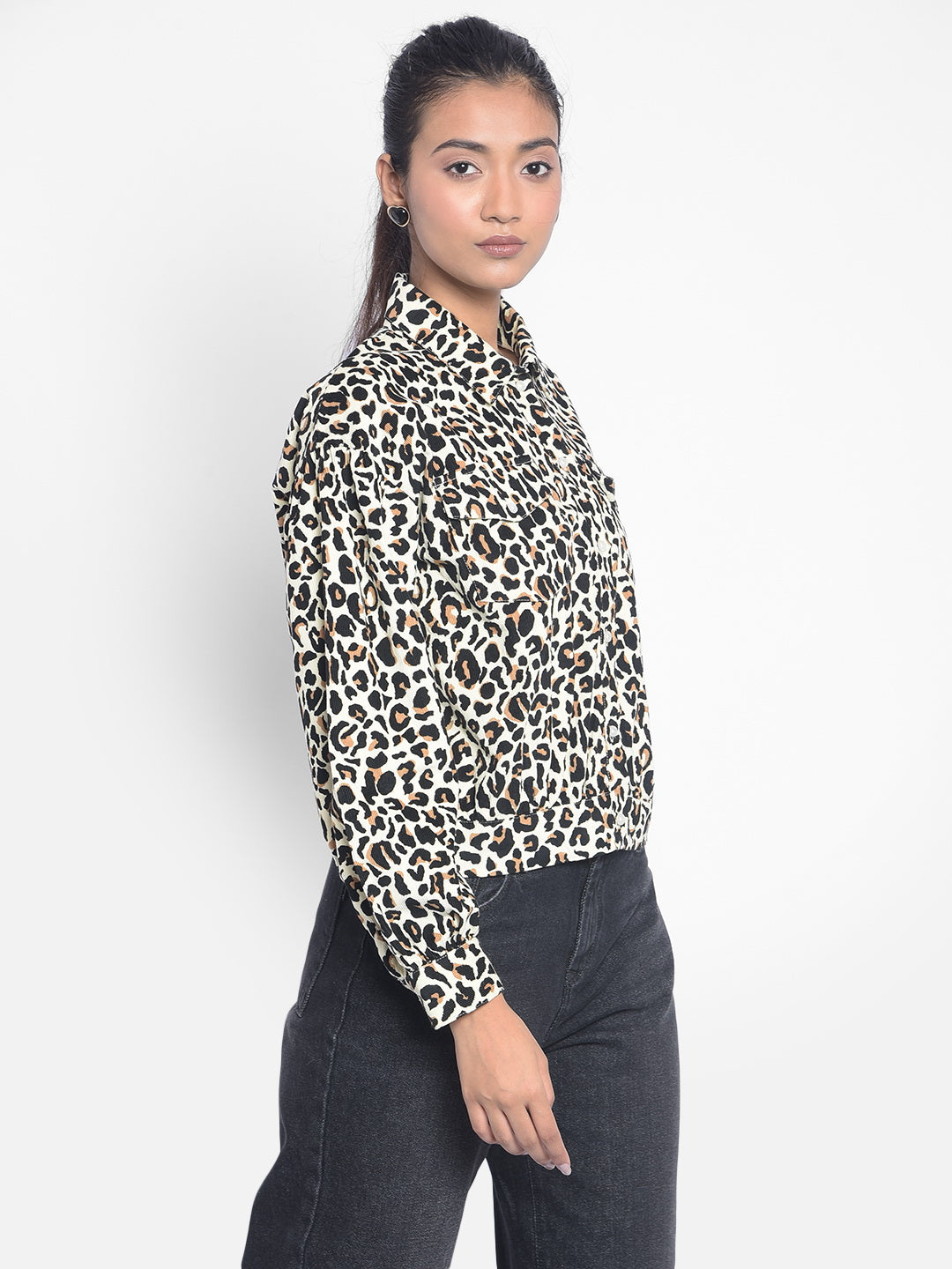 Black Leopard Printed Crop Length Shirts-Women Shirts-Crimsoune Club