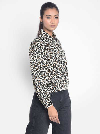 Black Leopard Printed Crop Length Shirts-Women Shirts-Crimsoune Club