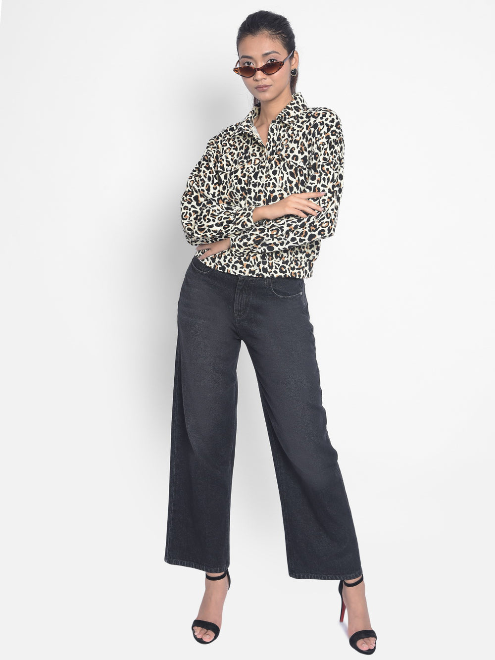 Black Leopard Printed Crop Length Shirts-Women Shirts-Crimsoune Club