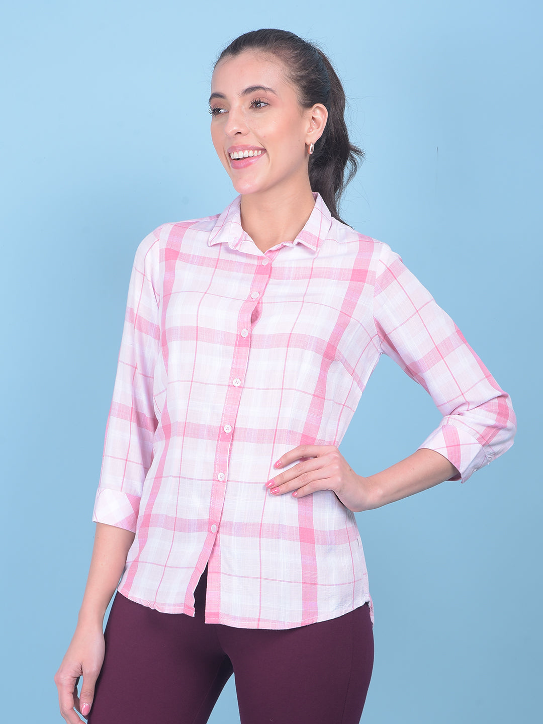 Pink Tartan Check Shirt-Women Shirts-Crimsoune Club