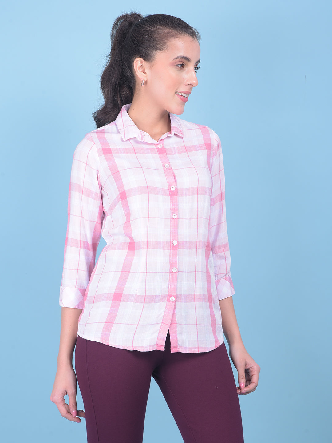 Pink Tartan Check Shirt-Women Shirts-Crimsoune Club