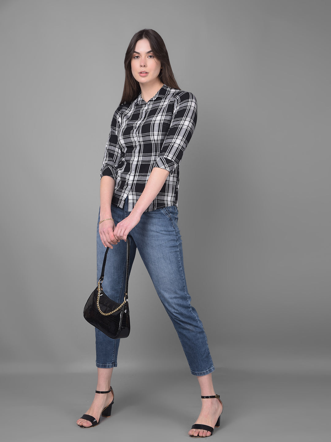 Black Tartan Checked Shirt-Women Shirts-Crimsoune Club