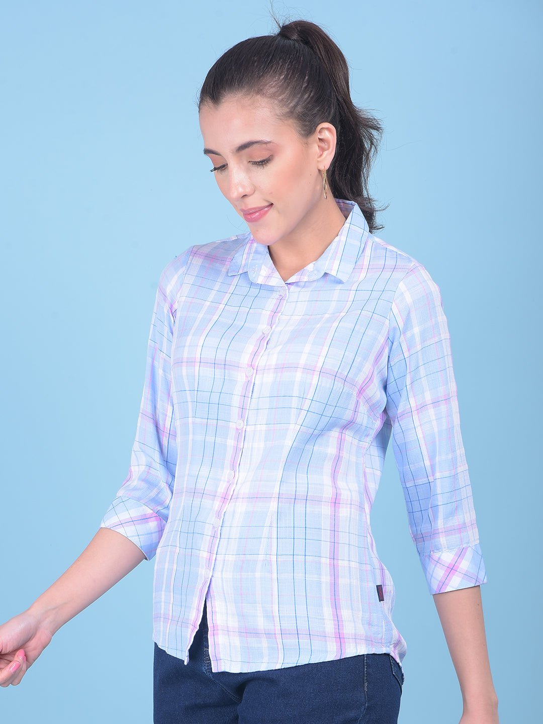 Blue Tartan Check Shirt-Women Shirts-Crimsoune Club