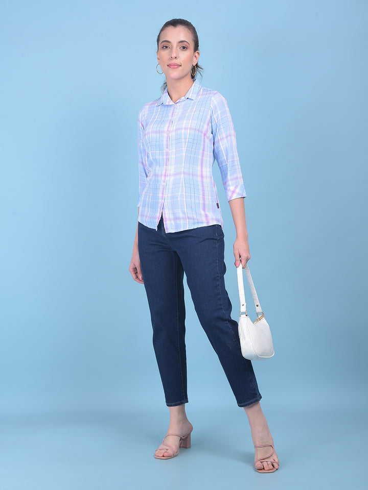 Blue Tartan Check Shirt-Women Shirts-Crimsoune Club