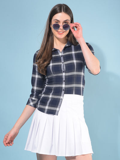 Blue Tartan Check Cotton Shirt-Women Shirts-Crimsoune Club