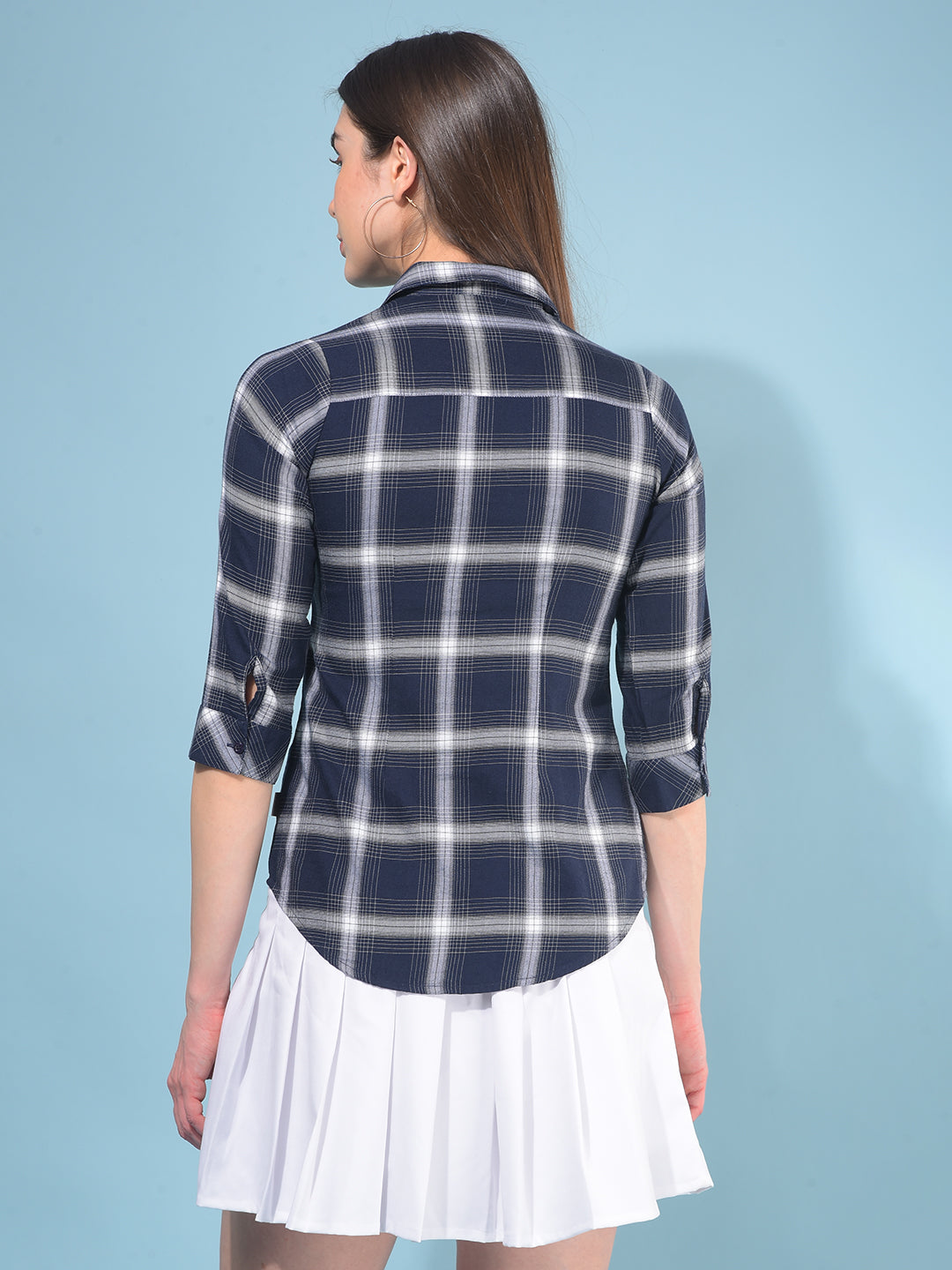 Blue Tartan Check Cotton Shirt-Women Shirts-Crimsoune Club