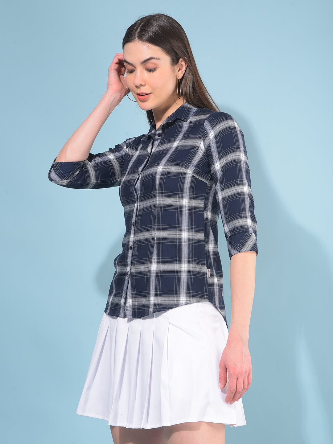 Blue Tartan Check Cotton Shirt-Women Shirts-Crimsoune Club