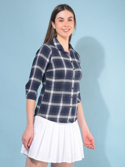 Blue Tartan Check Cotton Shirt-Women Shirts-Crimsoune Club