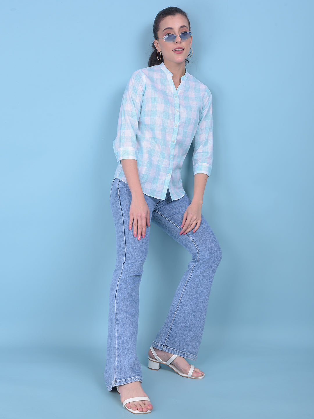 Blue Tartan Check Linen Shirt-Women Shirts-Crimsoune Club