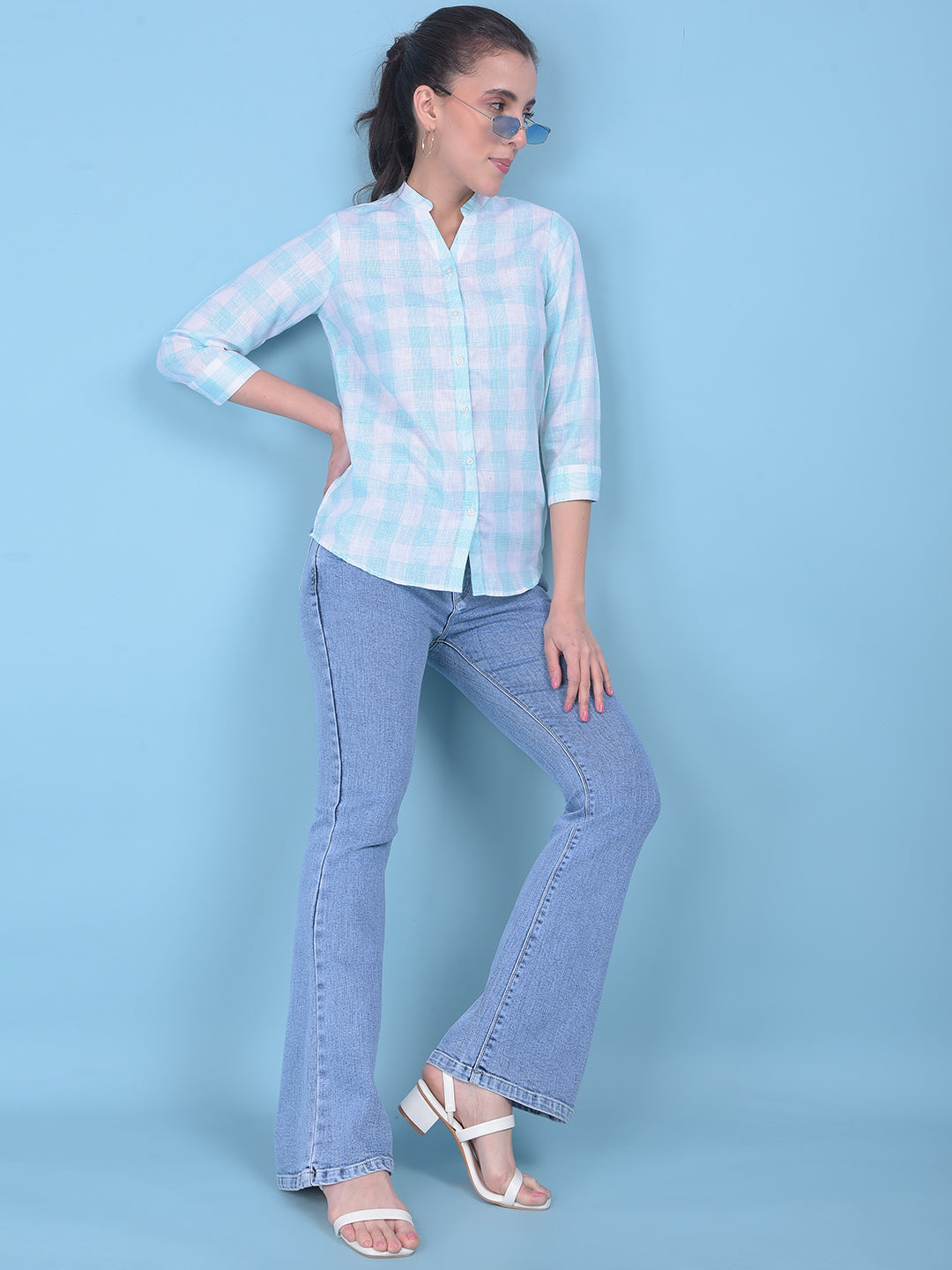 Blue Tartan Check Linen Shirt-Women Shirts-Crimsoune Club