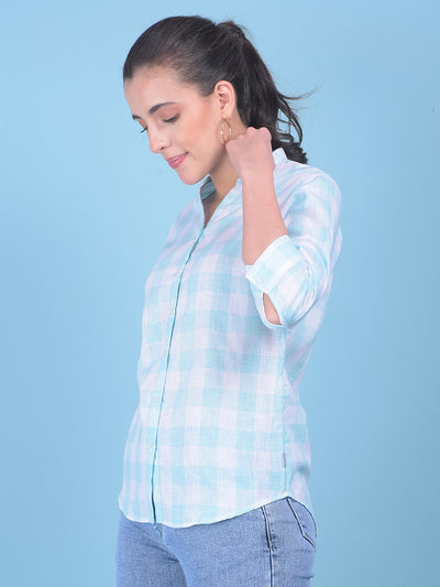 Blue Tartan Check Linen Shirt-Women Shirts-Crimsoune Club