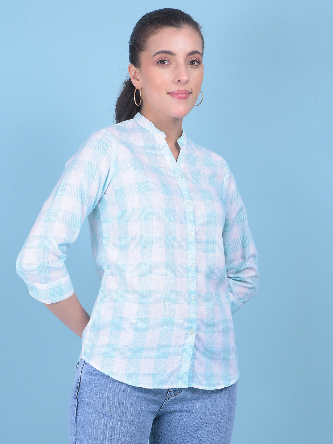 Blue Tartan Check Linen Shirt-Women Shirts-Crimsoune Club