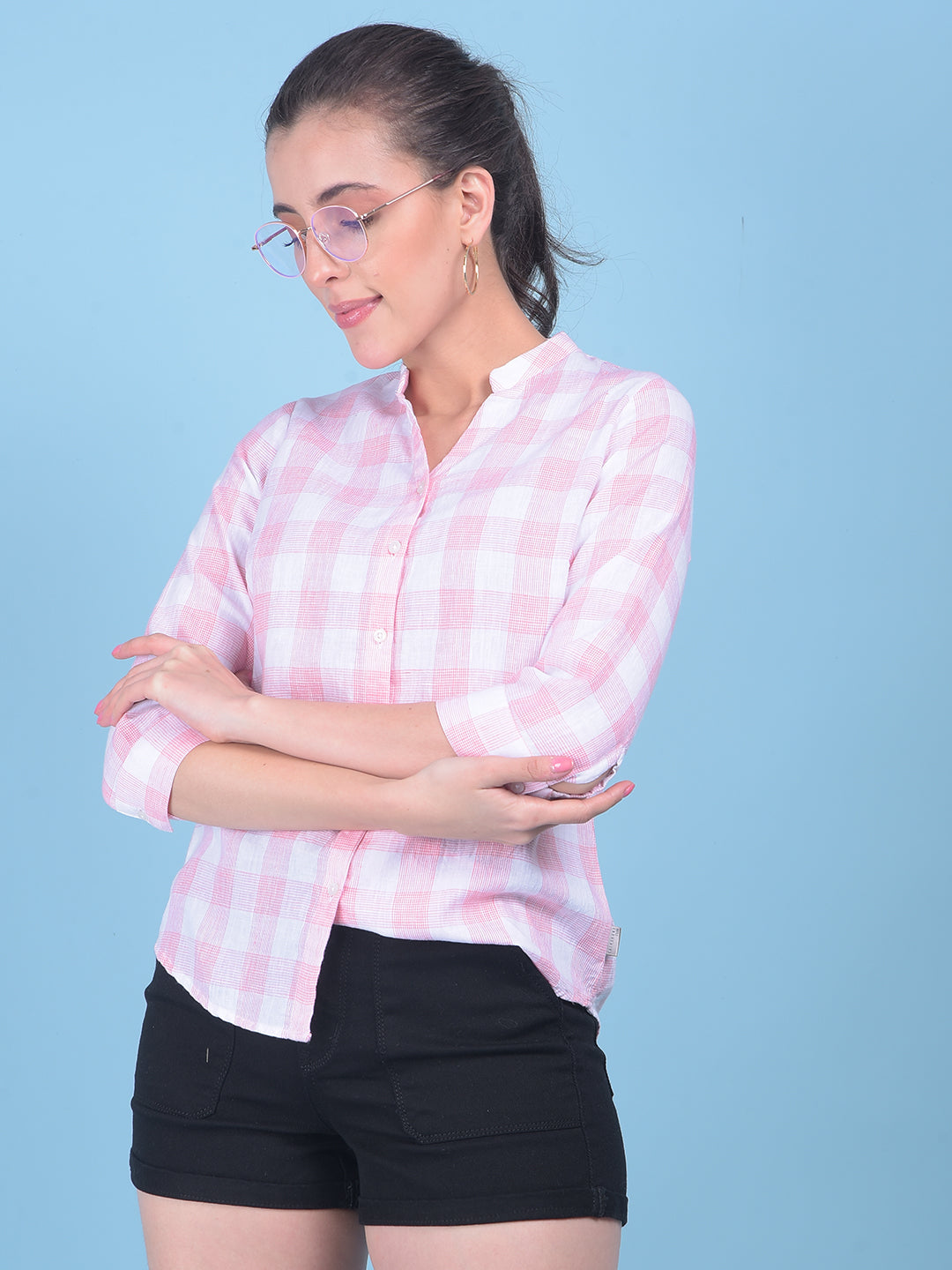 Peach Plain Check Shirt-Women Shirts-Crimsoune Club