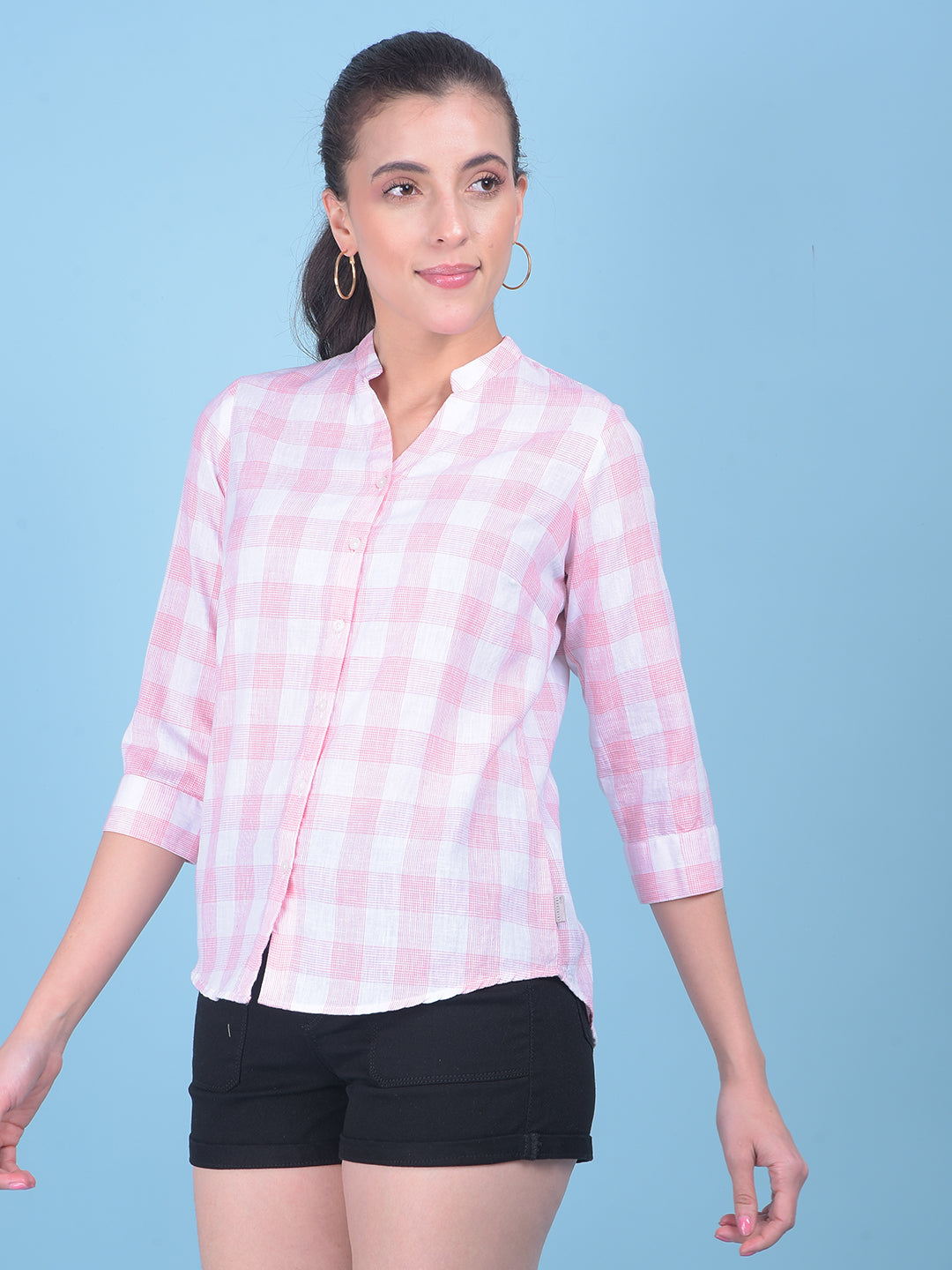 Peach Plain Check Shirt-Women Shirts-Crimsoune Club